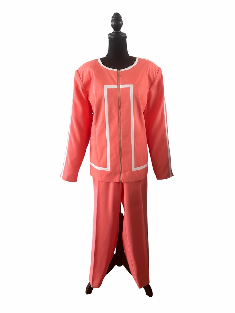 Ben Marc Coral Orange 3pc Pant Suit w/ White Accents Size 16